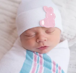 White and Pink Bunny Patch Newborn Girls Hospital Hat Infant Hat Newborn Hat