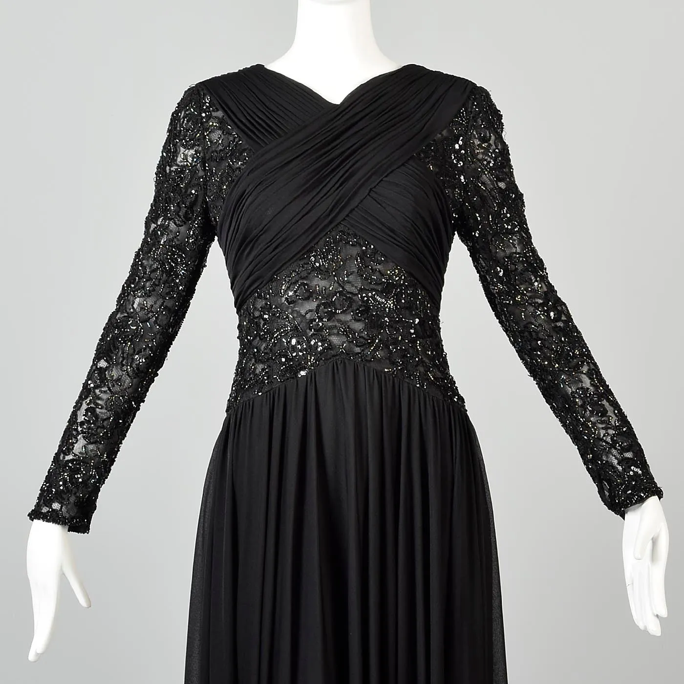 1970s Victoria Royal Black Beaded Illusion Dress