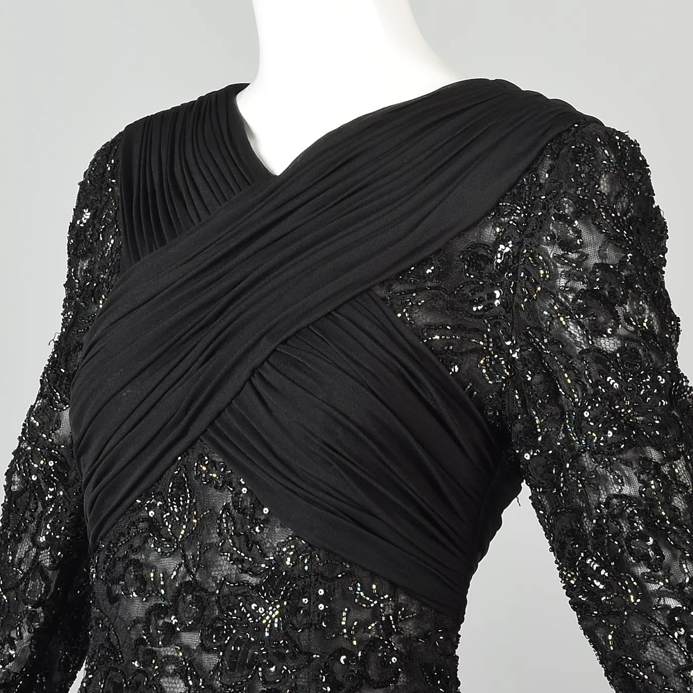 1970s Victoria Royal Black Beaded Illusion Dress