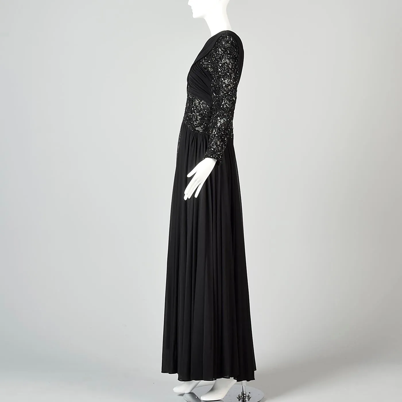 1970s Victoria Royal Black Beaded Illusion Dress