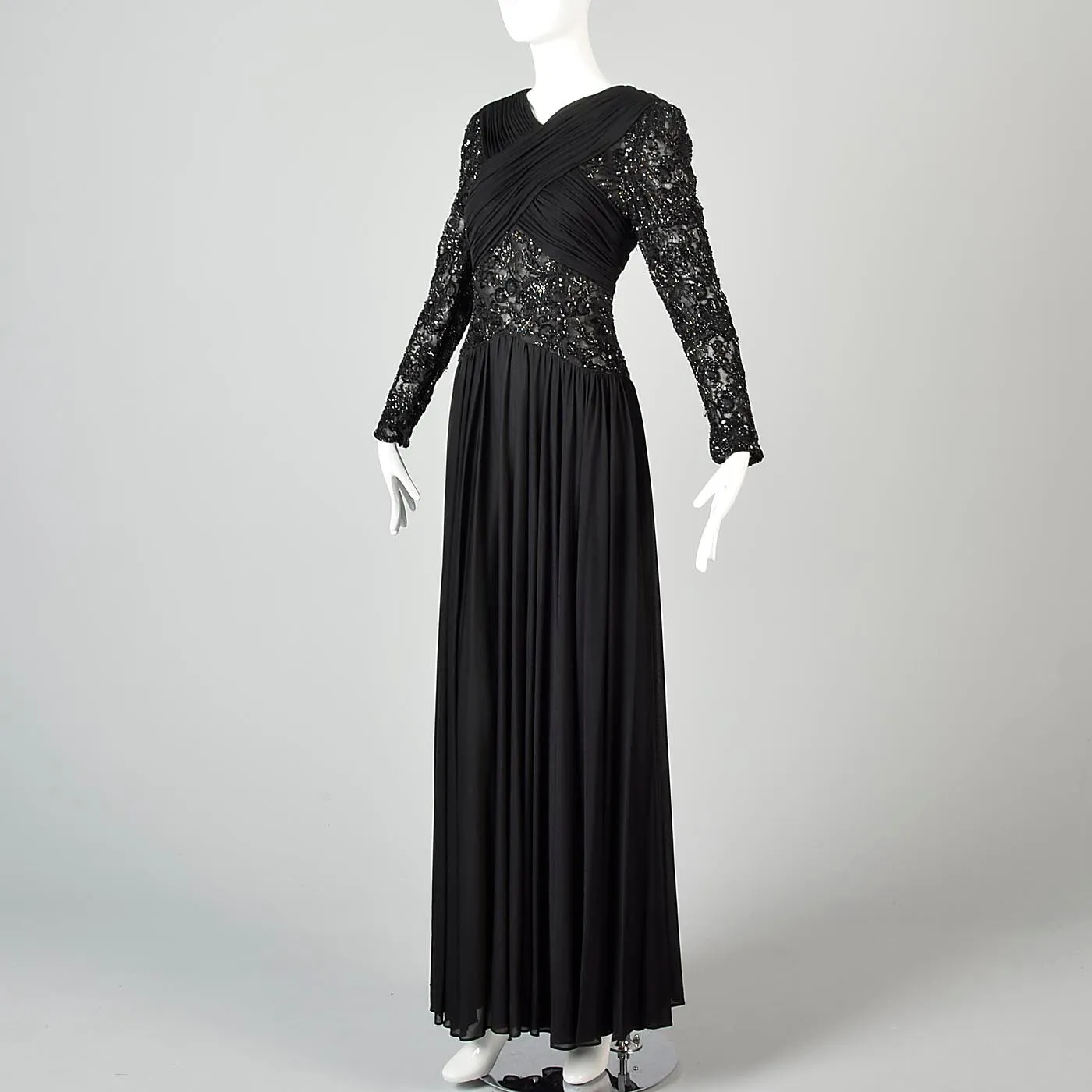 1970s Victoria Royal Black Beaded Illusion Dress