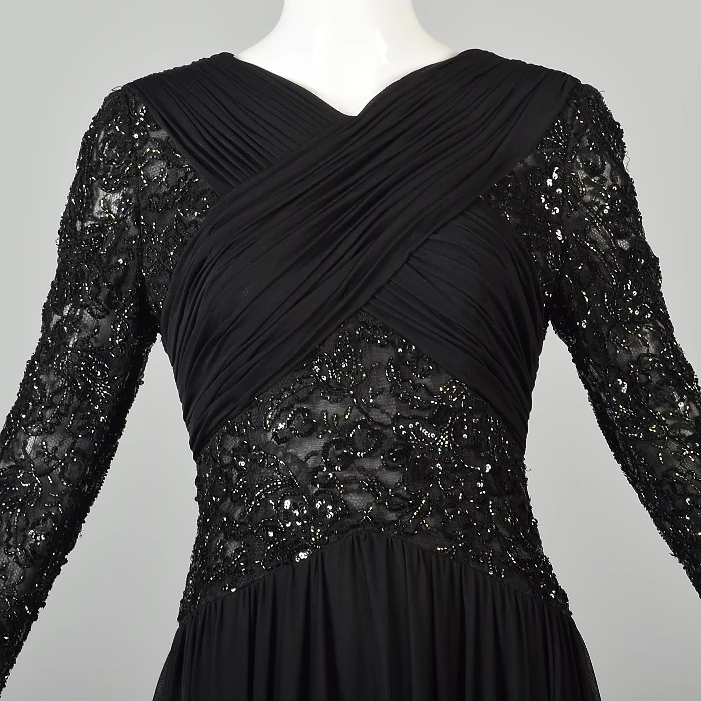 1970s Victoria Royal Black Beaded Illusion Dress