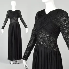 1970s Victoria Royal Black Beaded Illusion Dress