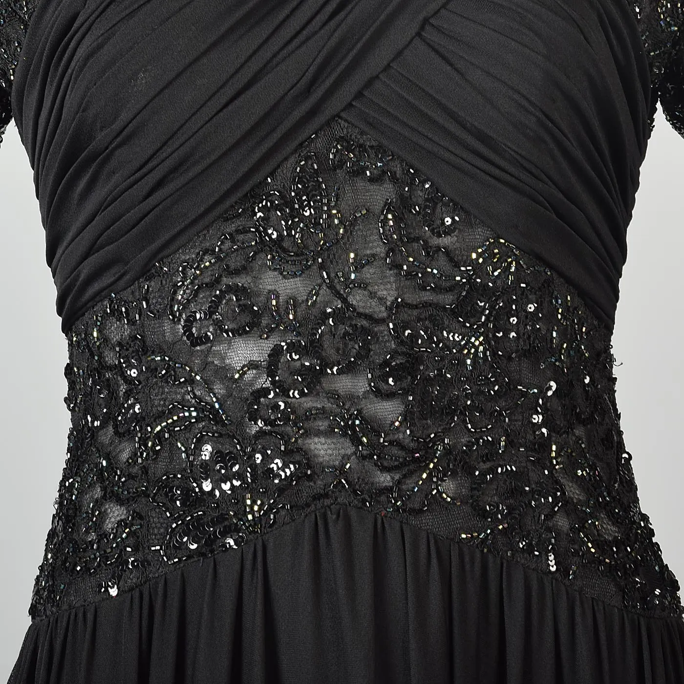 1970s Victoria Royal Black Beaded Illusion Dress