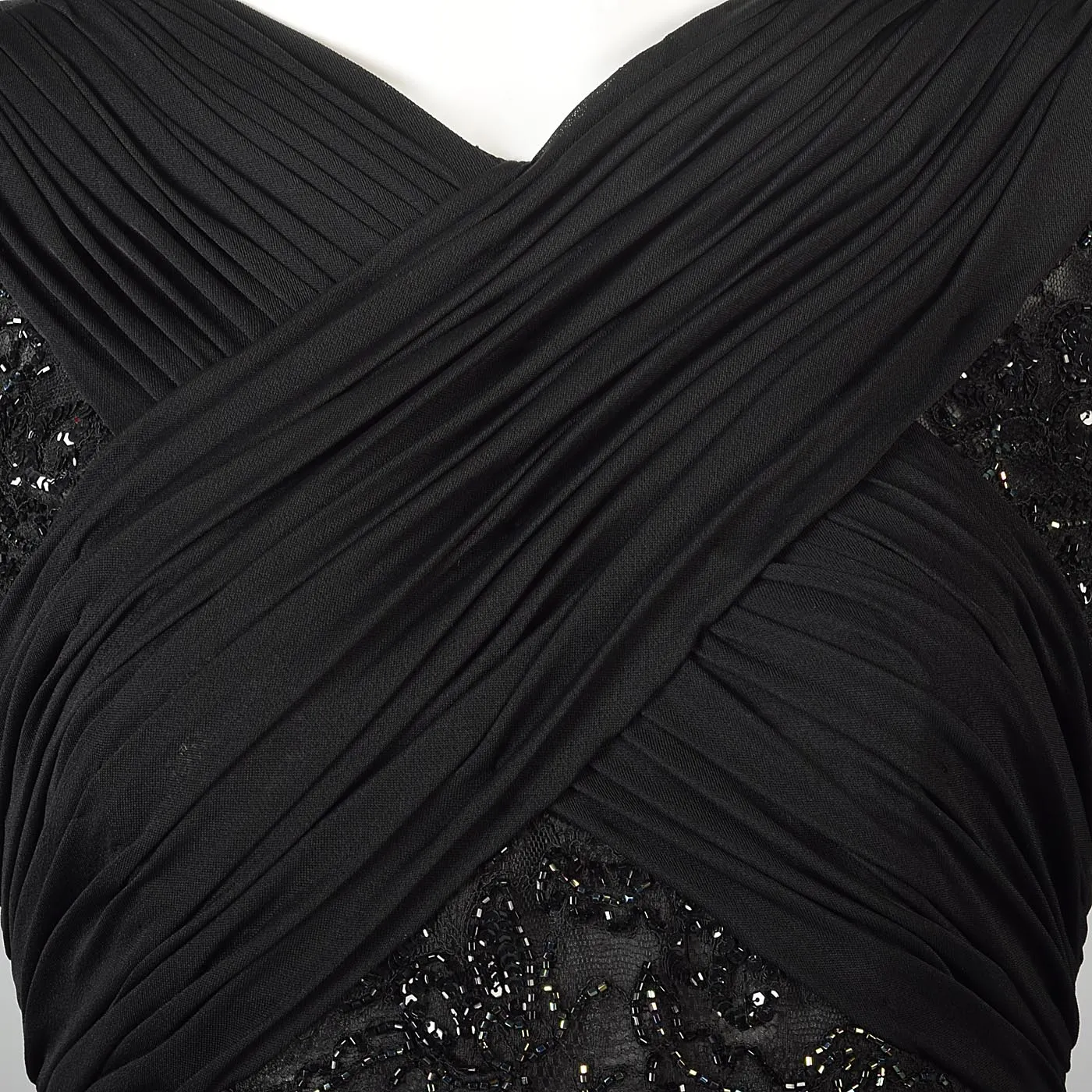 1970s Victoria Royal Black Beaded Illusion Dress