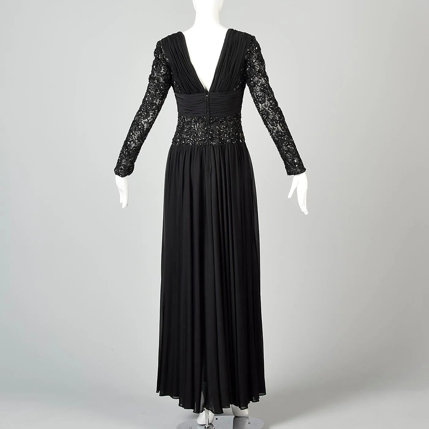 1970s Victoria Royal Black Beaded Illusion Dress