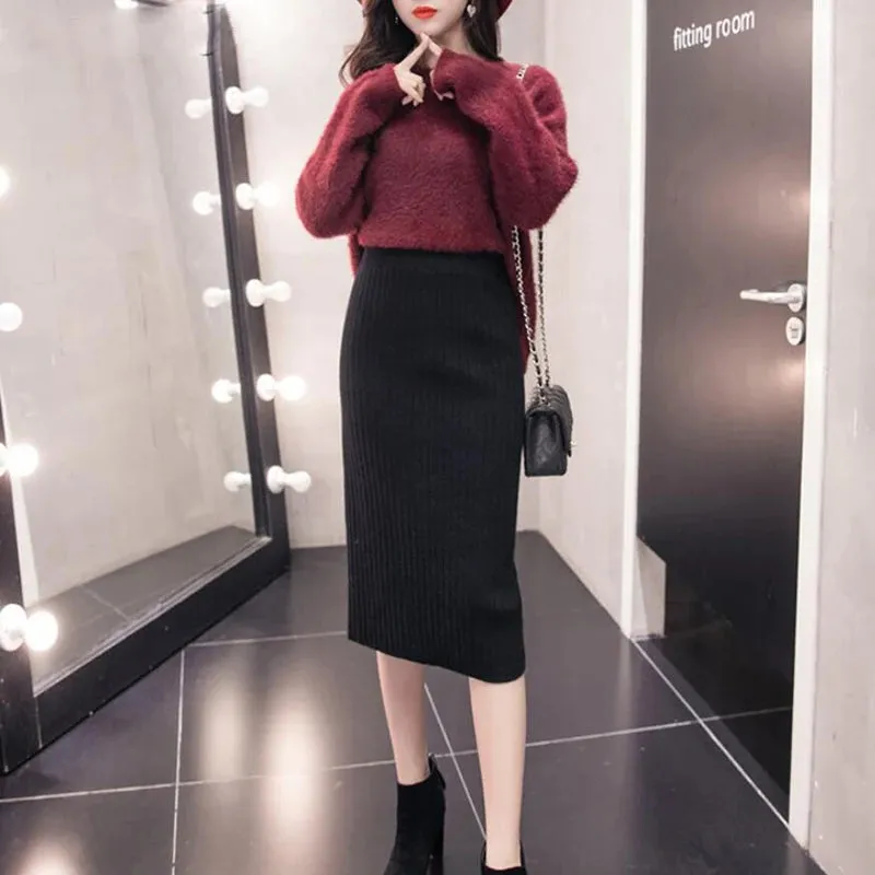 2022 Spring Autumn Casual Women High Waist Skirt Warm Knitted Pencil Skirt Elegant Long Skirts High Quality Office Skirts Split