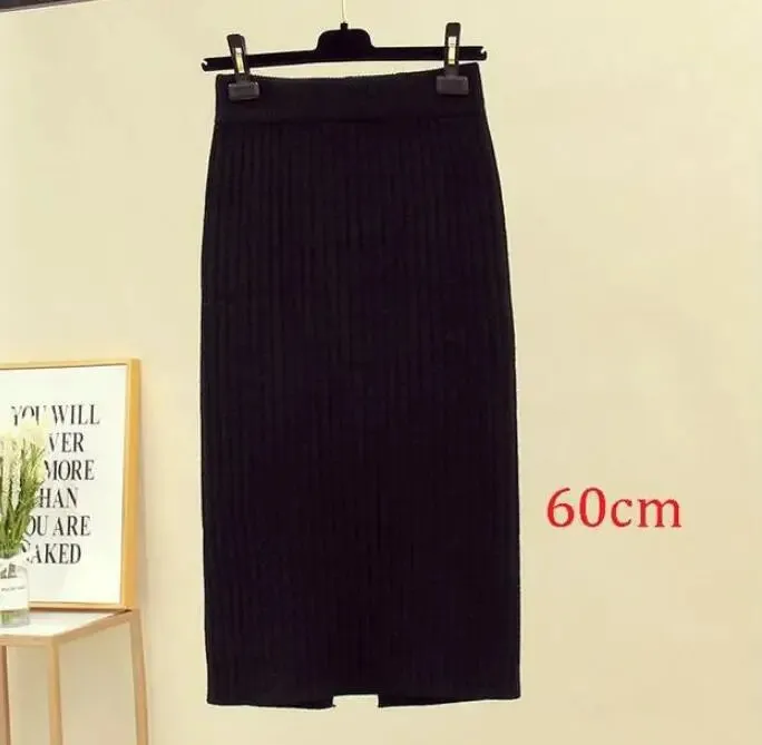 2022 Women's Spring Pencil Knitted Skirt High Waist Warm Elegant Knitting Ribbed Party Skirt Black Solid Ladies Office Skirts