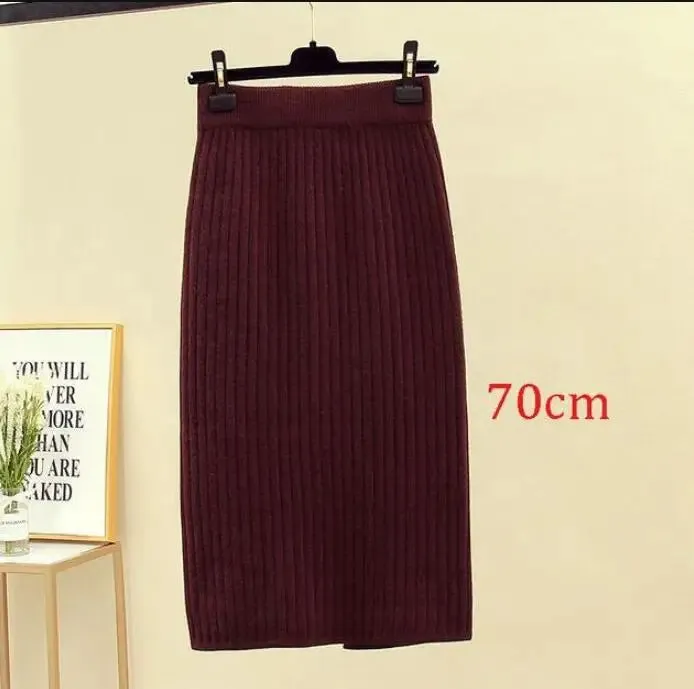 2022 Women's Spring Pencil Knitted Skirt High Waist Warm Elegant Knitting Ribbed Party Skirt Black Solid Ladies Office Skirts