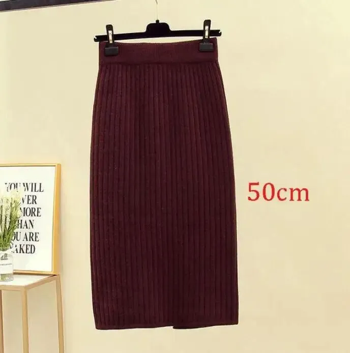 2022 Women's Spring Pencil Knitted Skirt High Waist Warm Elegant Knitting Ribbed Party Skirt Black Solid Ladies Office Skirts