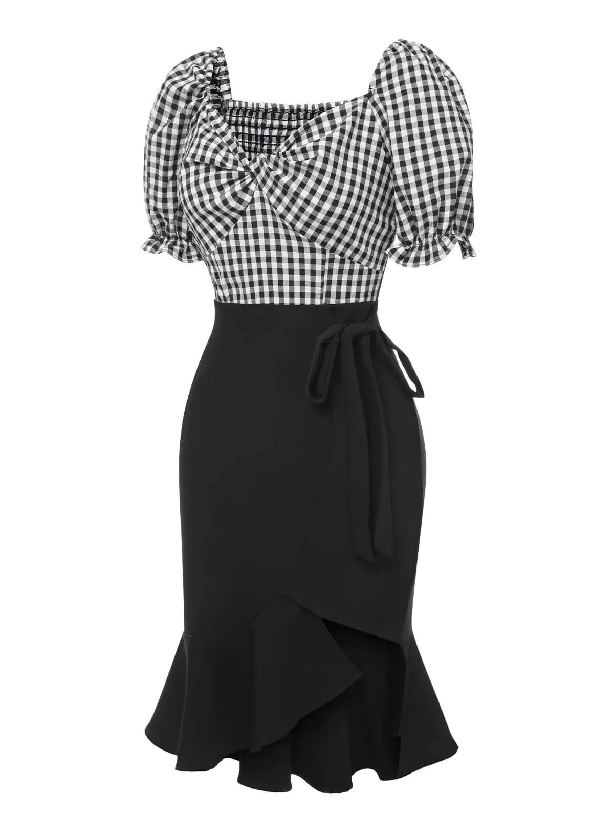 2PCS 1950s Black White Plaid Top & Ruffle Hem Skirt