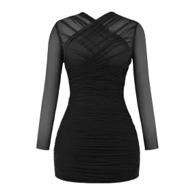 A&A Ruched Mesh Long Sleeve Wrap Front Bodycon Dress