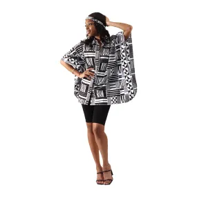 African Print Button Down Butterfly Jacket  - Black & White Kente