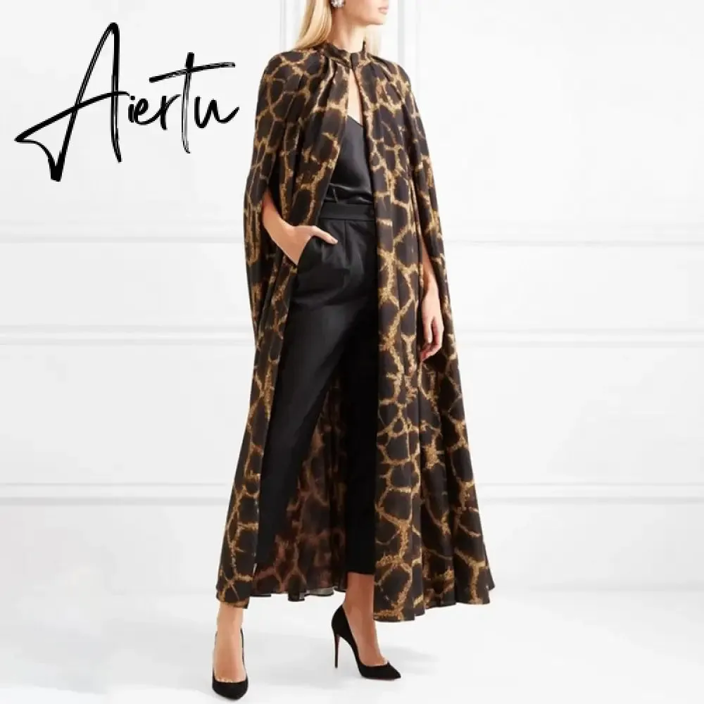 Aiertu Female Cardigan Coat O Neck Cloak Sleeve Print Leopard Maxi Cloaks For Women  Autumn Vintage Fashion