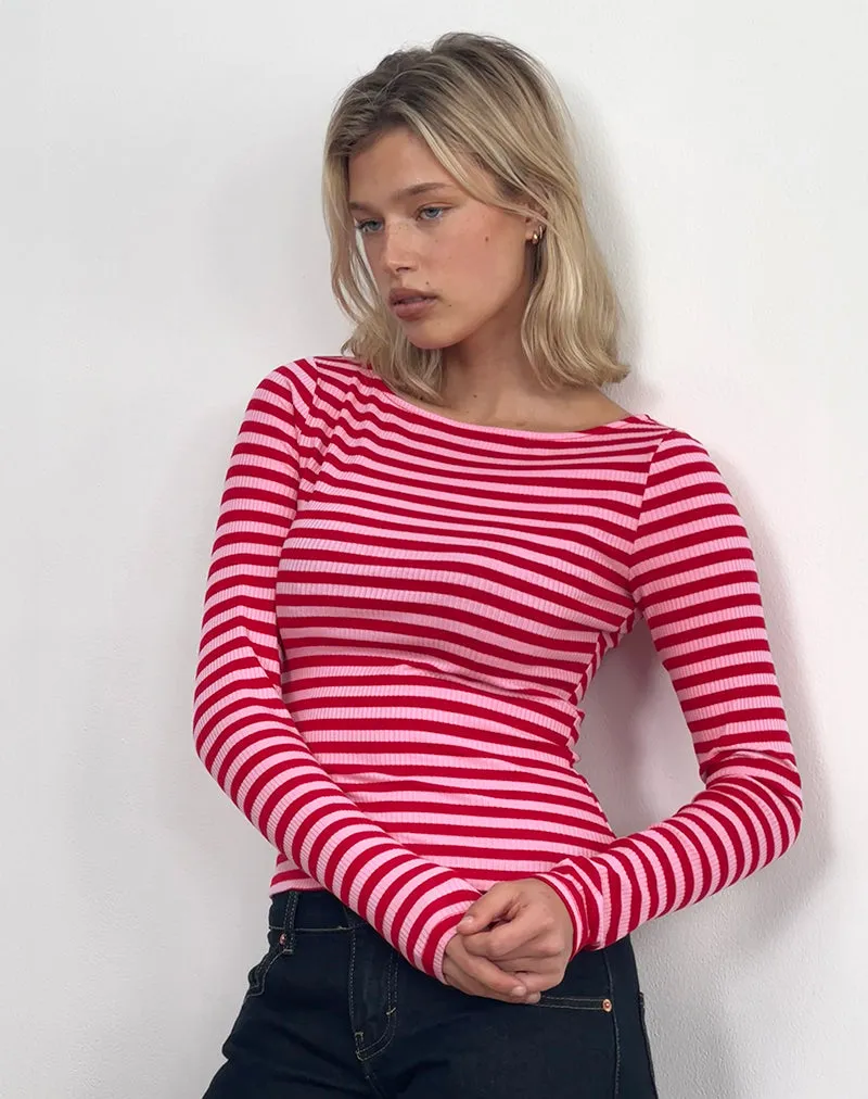 Amabon Top in Pink and Red Stripe