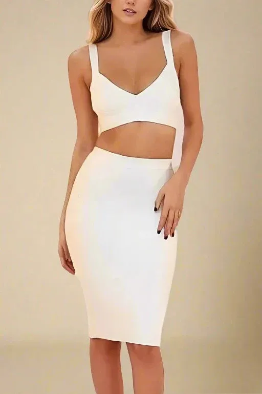 Ang Bandage Top and Knee Length Skirt Set - Pearl White