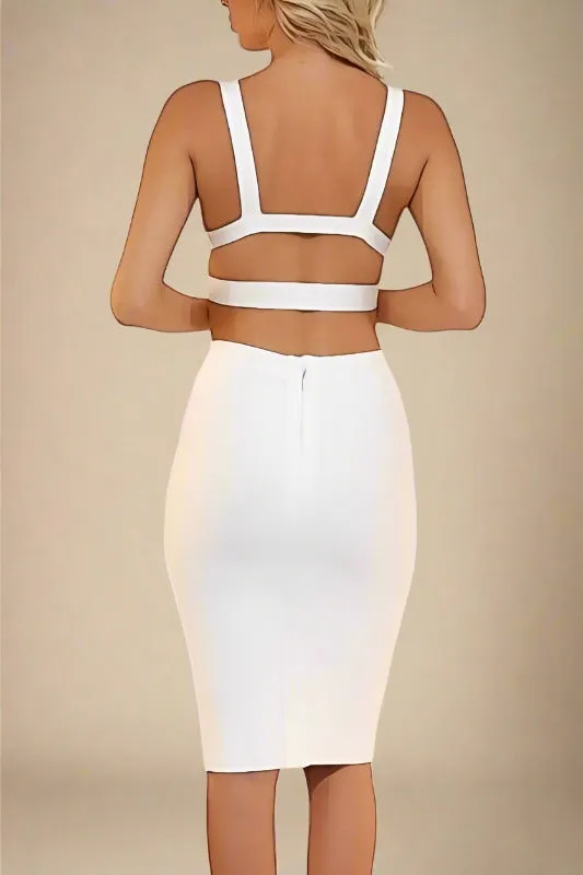 Ang Bandage Top and Knee Length Skirt Set - Pearl White