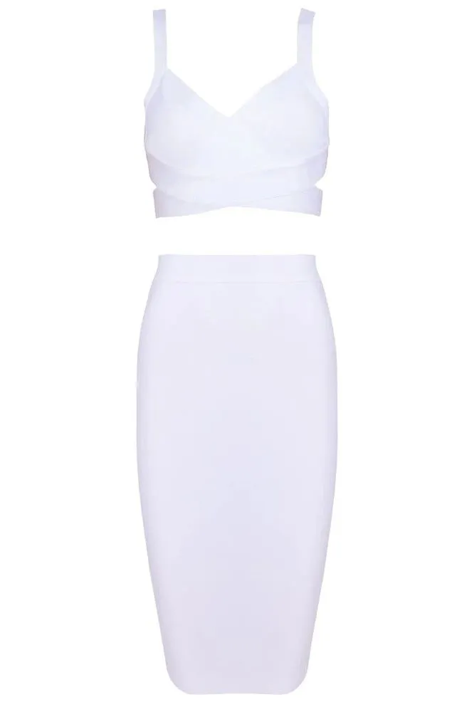 Ang Bandage Top and Knee Length Skirt Set - Pearl White