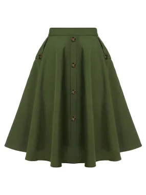 Army Green 1950s Pocket Buttoned Skirt