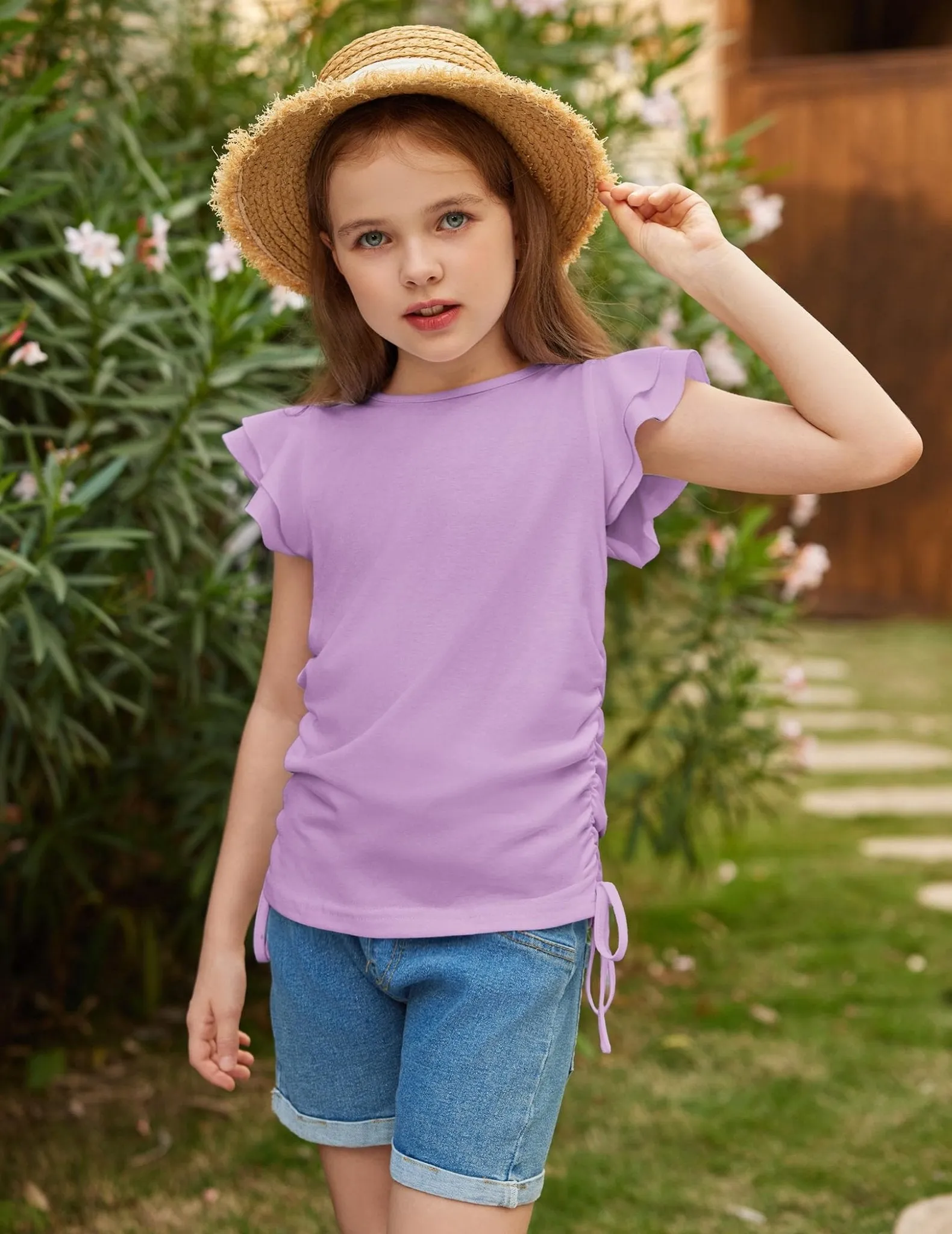 Arshiner Girls Ruffle Shirts Short Sleeves Summer Crewneck Cute Girls Blouse Ruched Knot Side Summer T Shirt Blouse Purple 10-11 Years