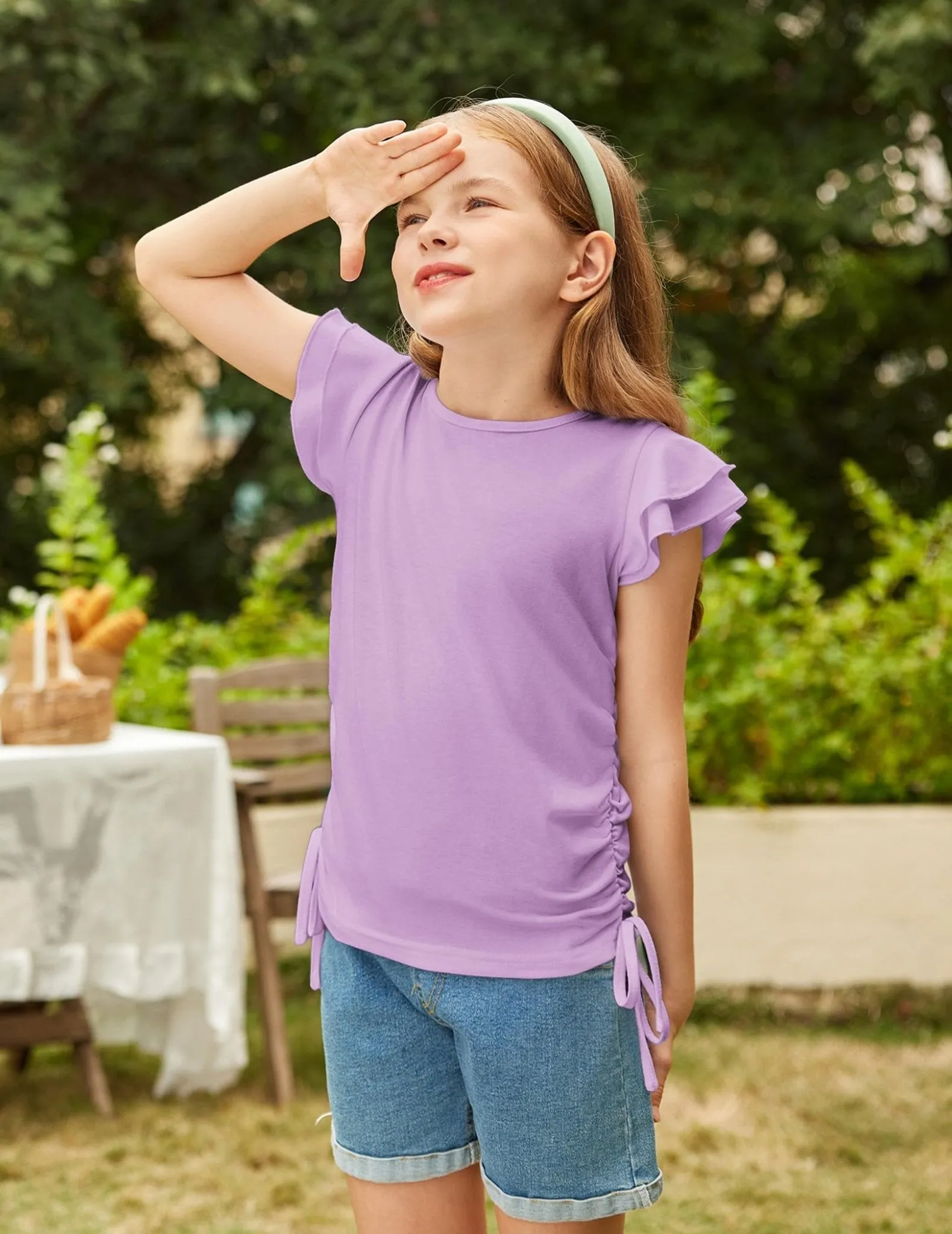 Arshiner Girls Ruffle Shirts Short Sleeves Summer Crewneck Cute Girls Blouse Ruched Knot Side Summer T Shirt Blouse Purple 10-11 Years