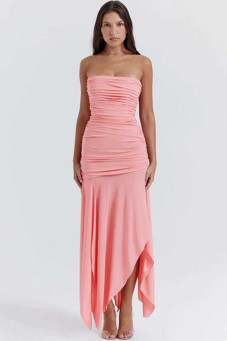 Asymmetrical Ruched Strapless Bodycon Drop Waist High Split Cocktail Dress - Pink