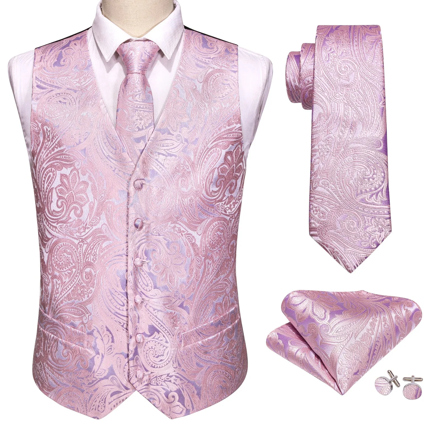 Baby Pink Paisley Jacquard Silk Men's Vest Hanky Cufflinks Tie Set