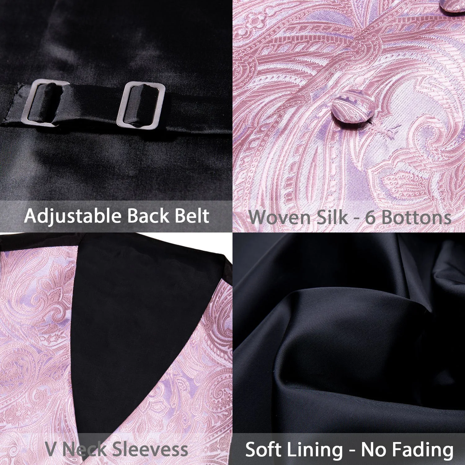 Baby Pink Paisley Jacquard Silk Men's Vest Hanky Cufflinks Tie Set