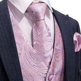 Baby Pink Paisley Jacquard Silk Men's Vest Hanky Cufflinks Tie Set