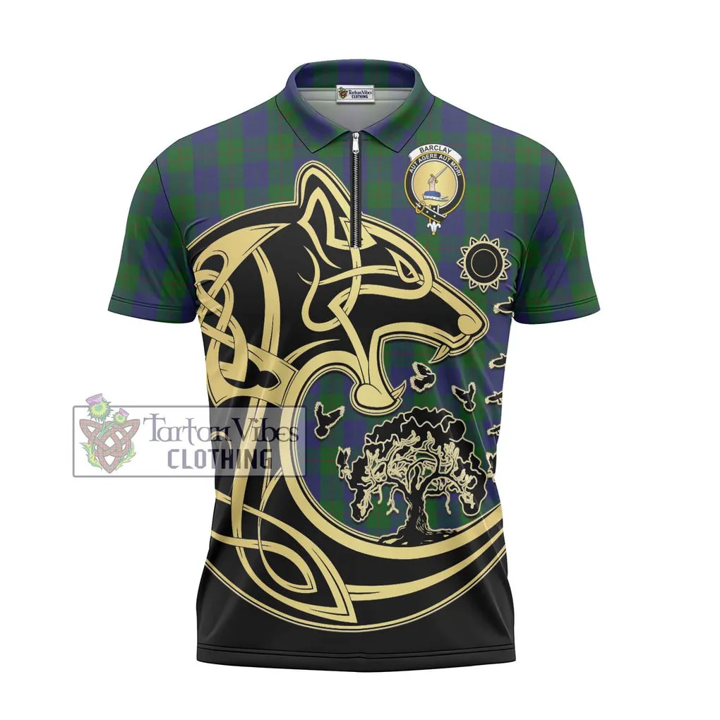 Barclay Tartan Zipper Polo Shirt with Family Crest Celtic Wolf Style