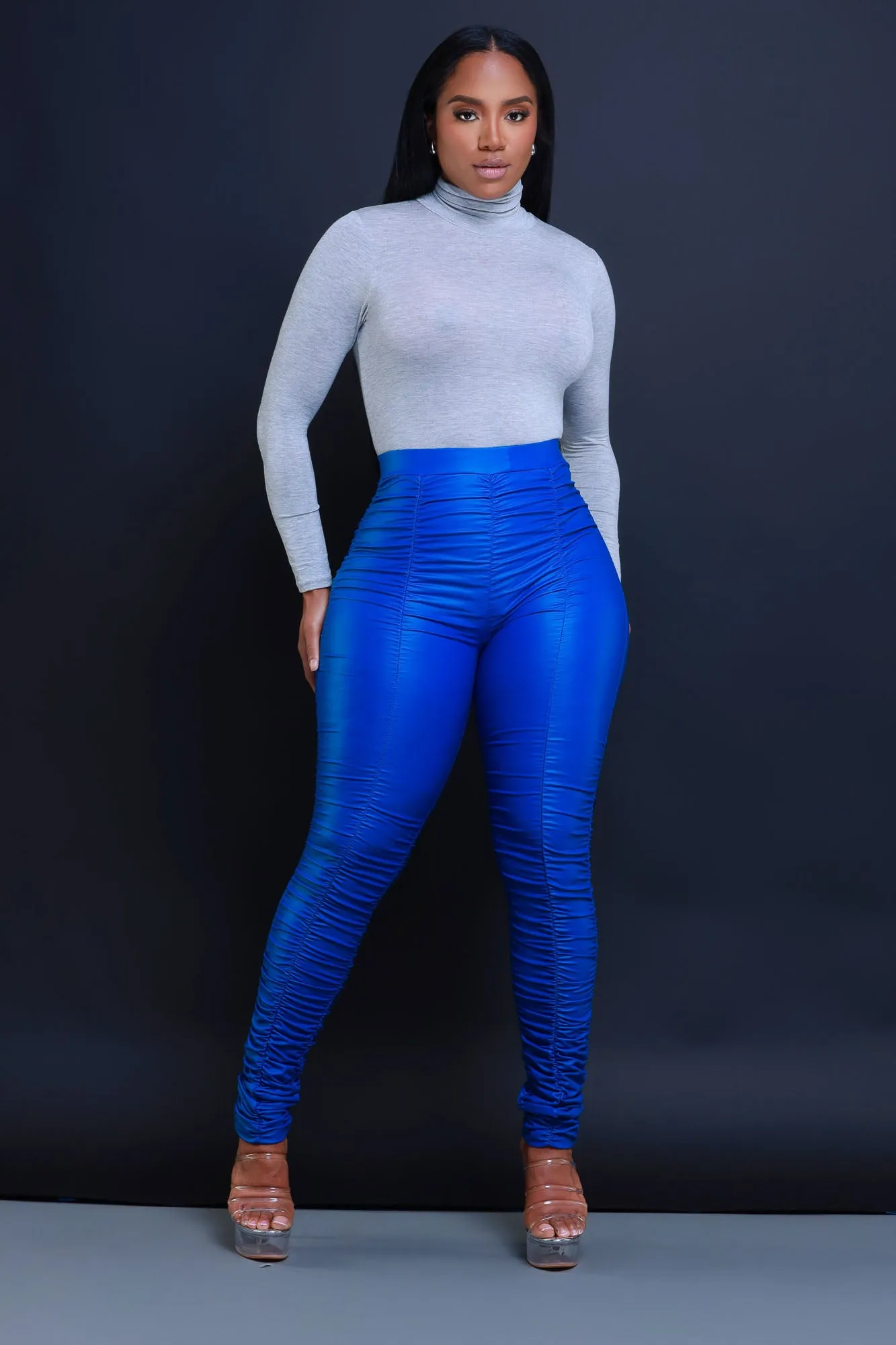 Be Honest Ruched High Waist Pants - Royal Blue Faux Leather Leggings