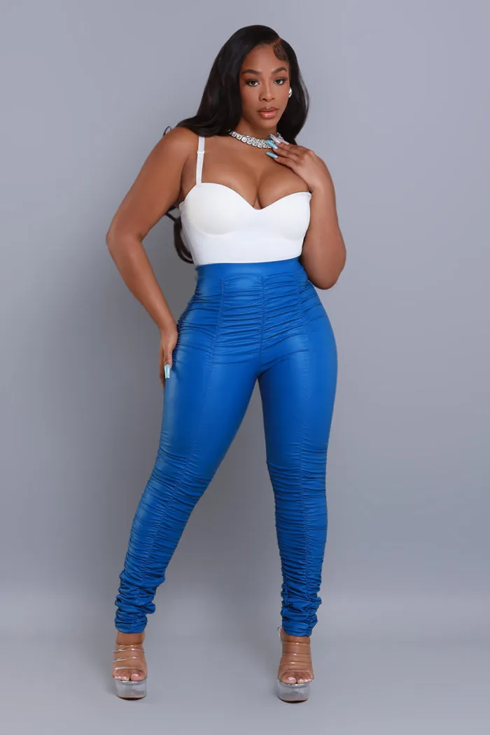 Be Honest Ruched High Waist Pants - Royal Blue Faux Leather Leggings