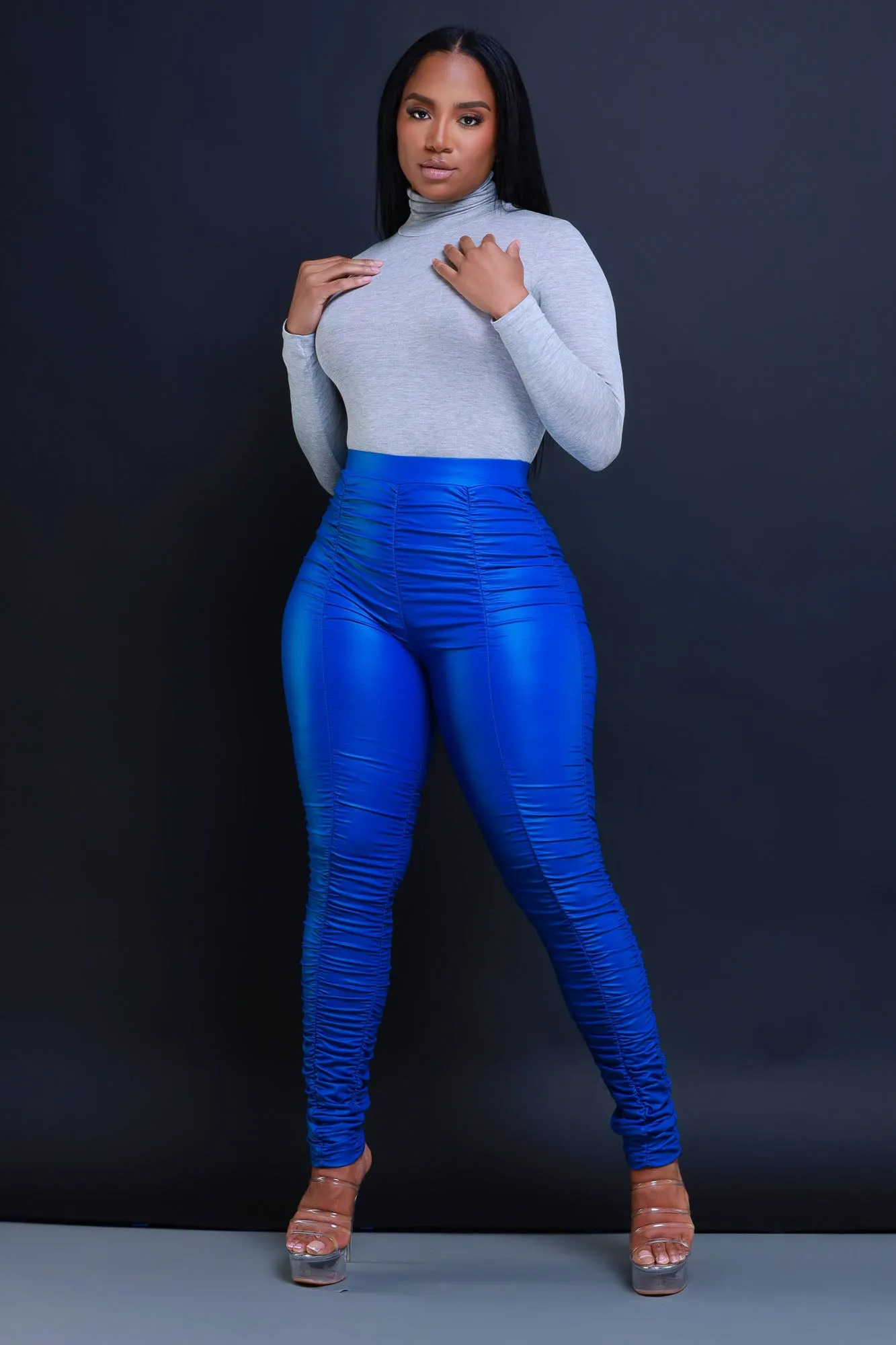 Be Honest Ruched High Waist Pants - Royal Blue Faux Leather Leggings