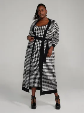 Belted Houndstooth Long Cardigan