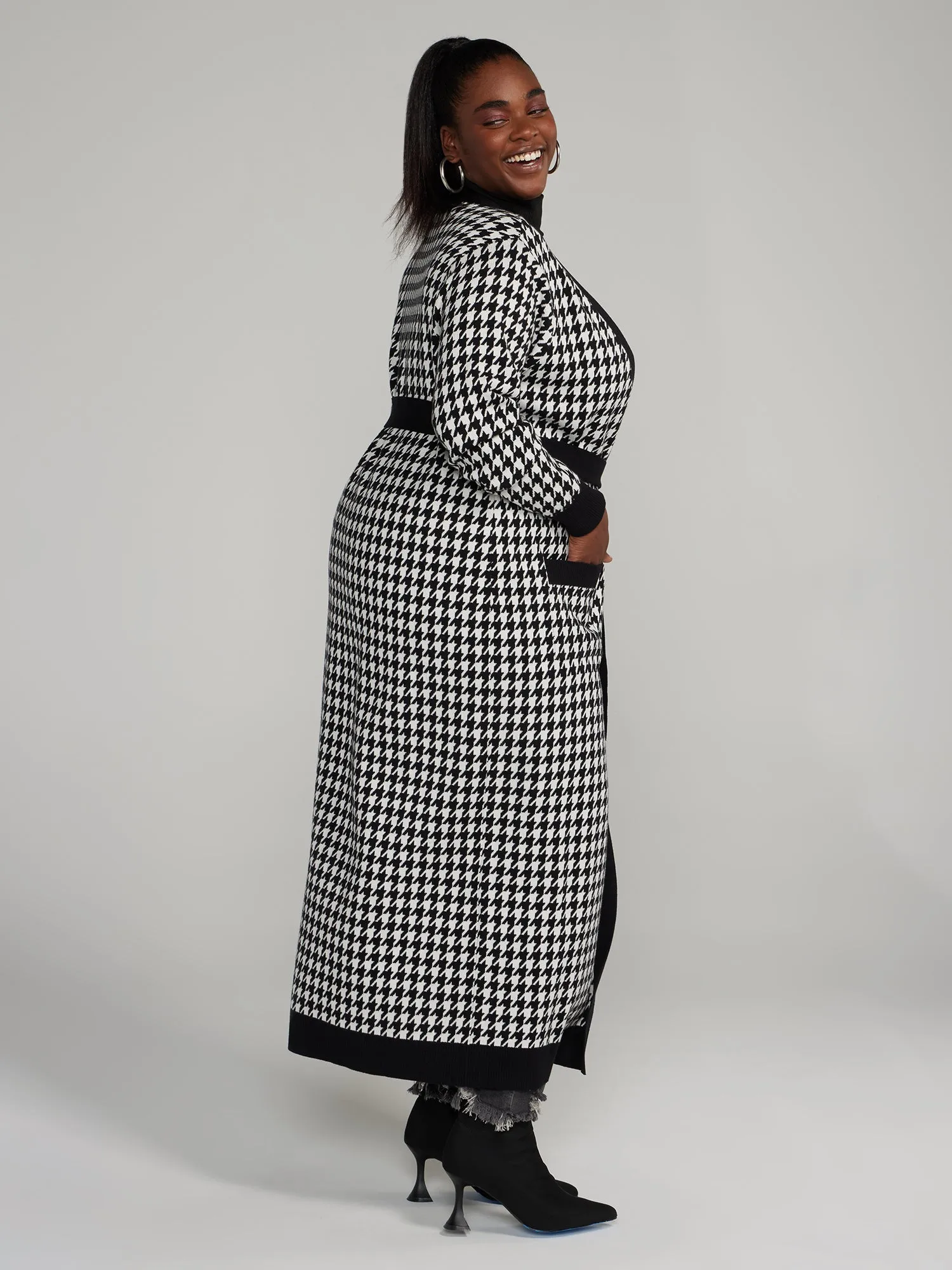 Belted Houndstooth Long Cardigan