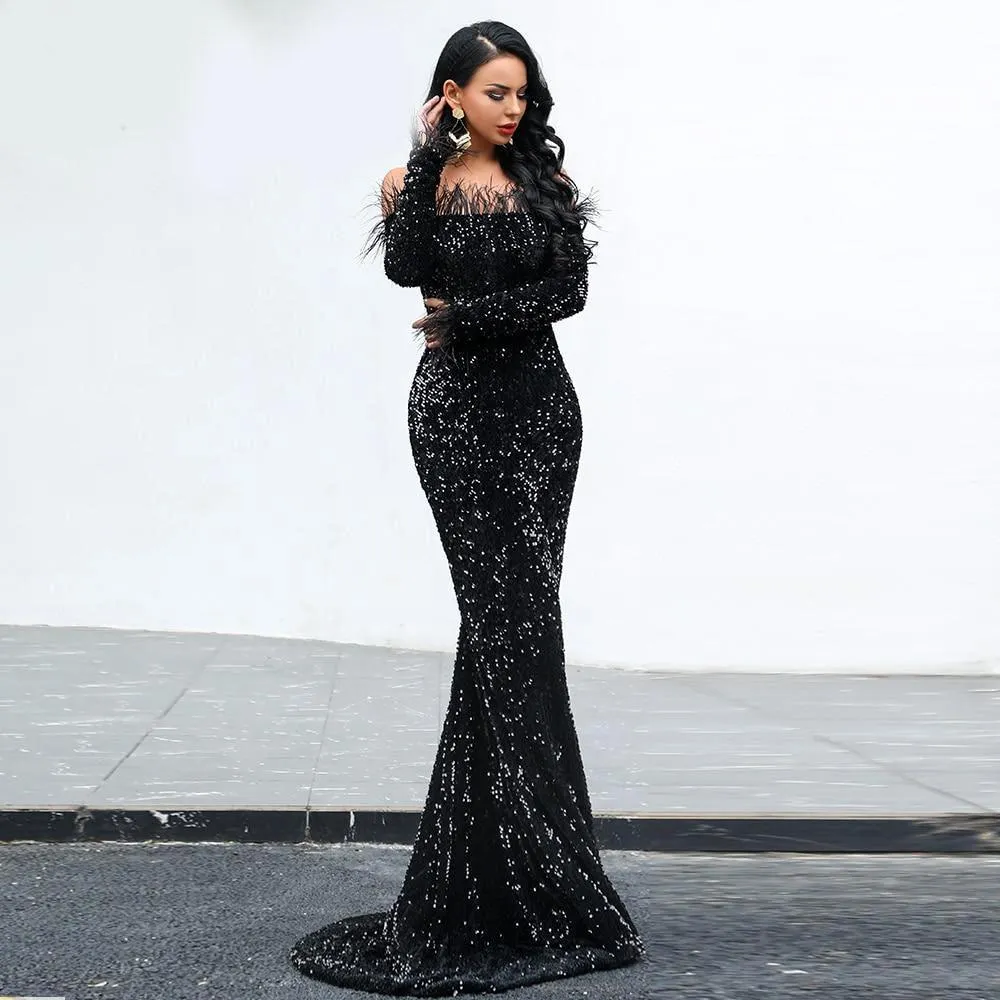 Black & White Feathered Mermaid Sequins Dress