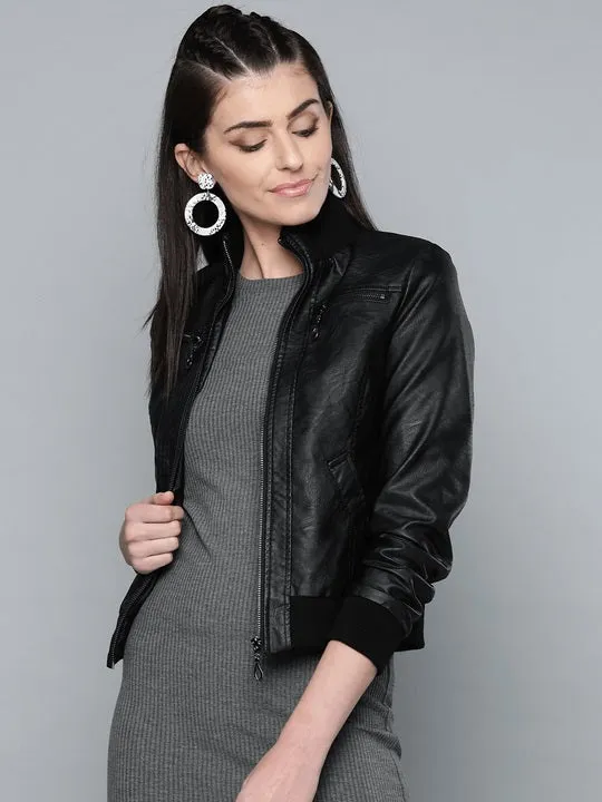 Black Bomber Leather Jacket for Women By TJS