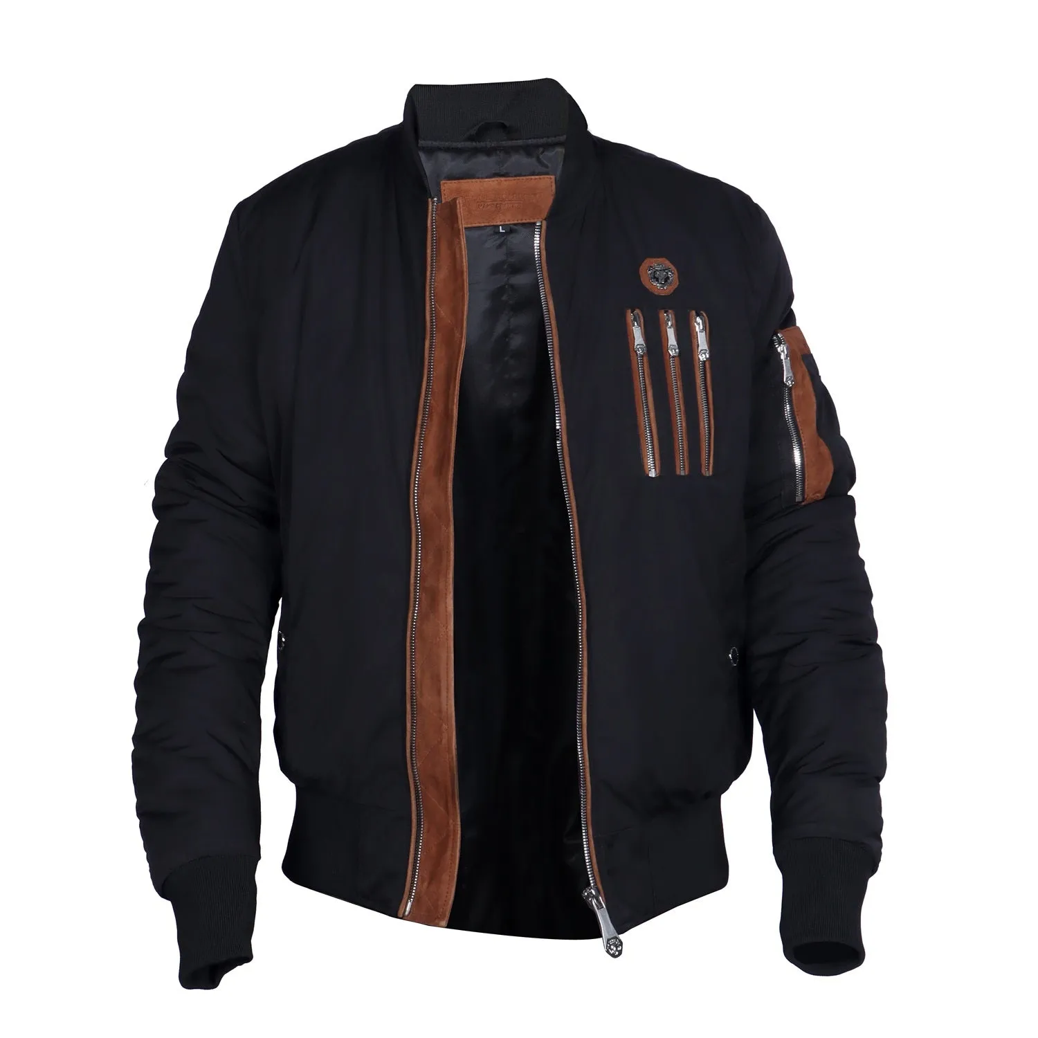 Black Contrasting Tan Puffer Bomber Jacket Tri-Zip Pockets with Standing Collar by Brune & Bareskin