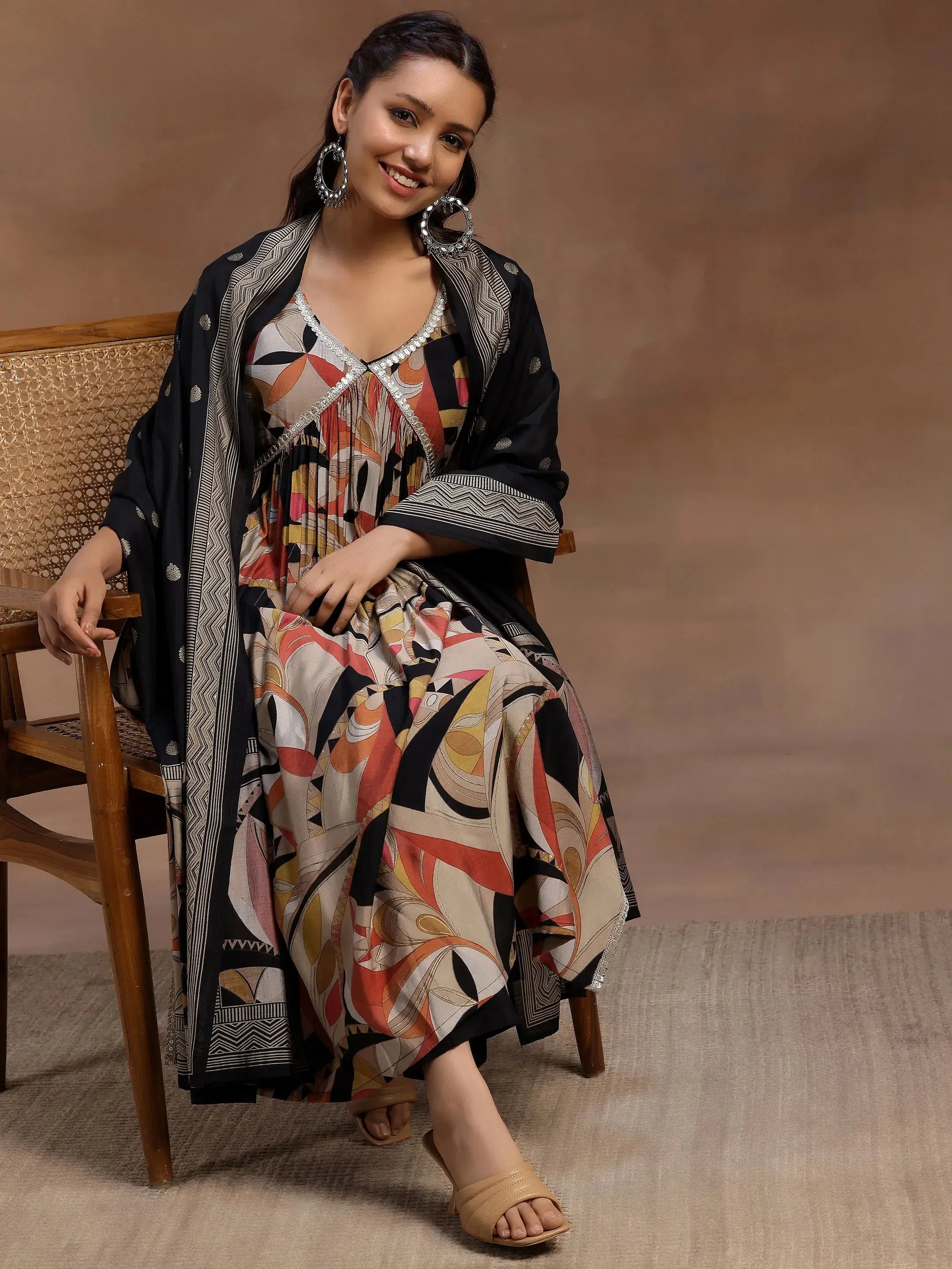 Black Printed Silk Blend A-Line Kurta With Trousers & Dupatta