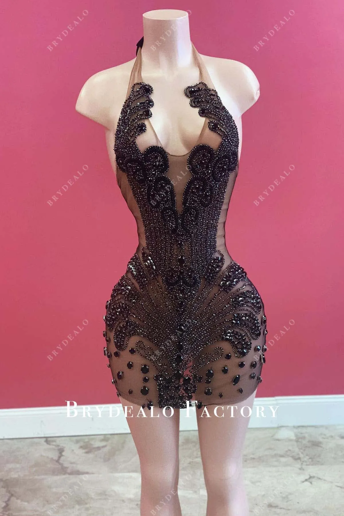 Black Rhinestones Halter Bodycon Mini Dress