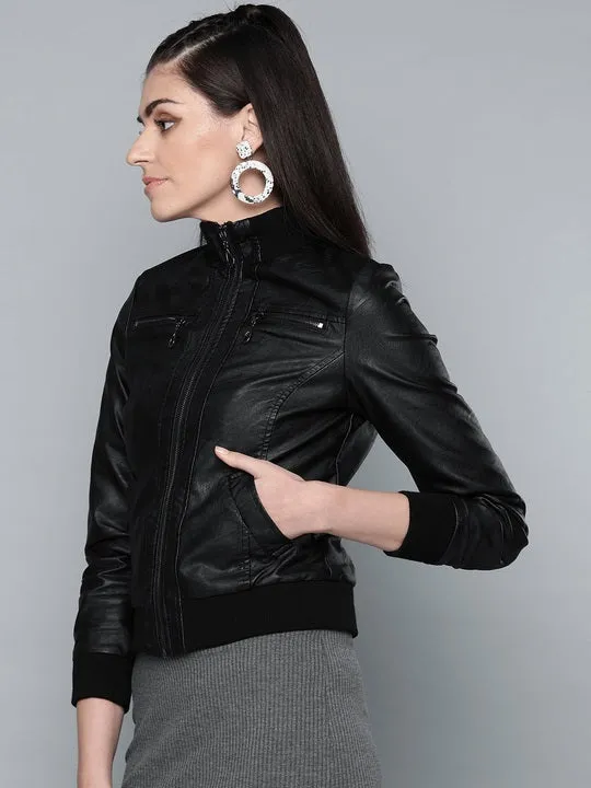 Black Solid Bomber Leather Jacket