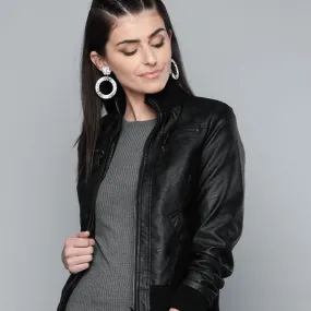 Black Solid Bomber Leather Jacket