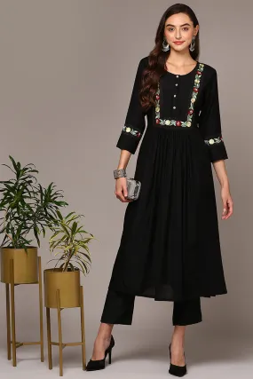 Black Viscose Rayon Embroidered Flared Kurta