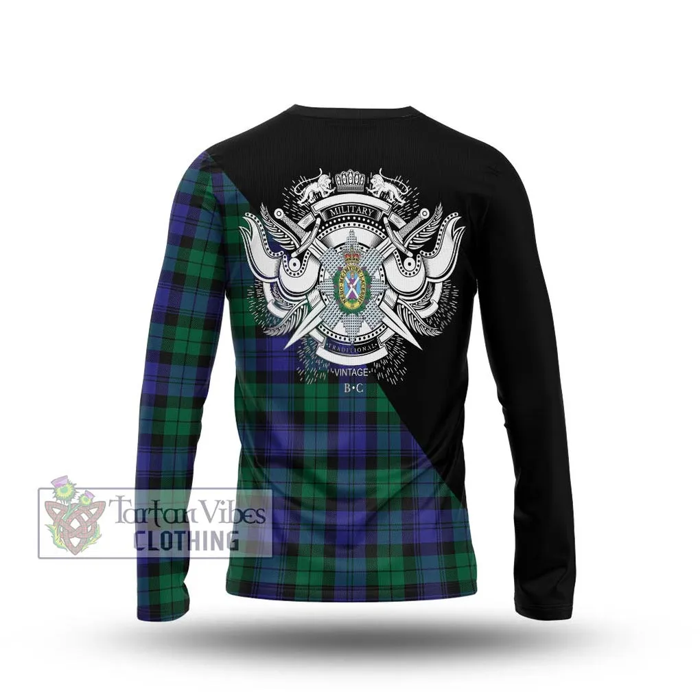 Black Watch Modern Tartan Long Sleeve T-Shirt with Family Crest and Military Logo Style