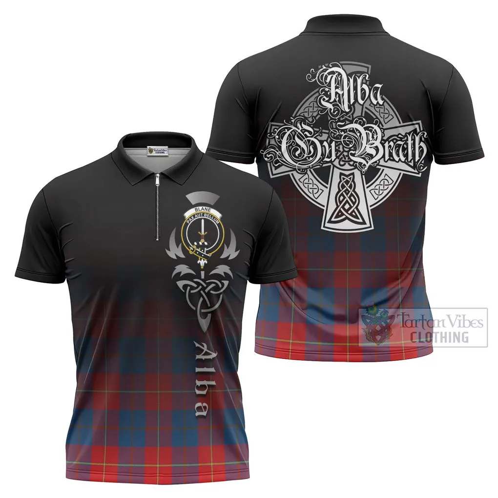 Blane Tartan Zipper Polo Shirt Featuring Alba Gu Brath Family Crest Celtic Inspired