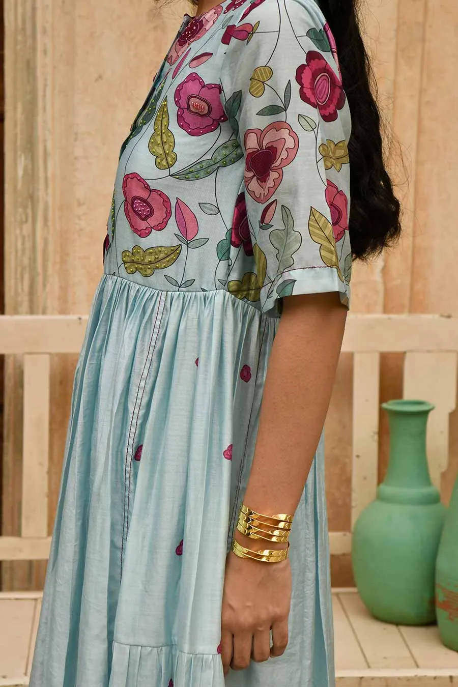 Blue Daisy Floral Print Chanderi Kurta Set