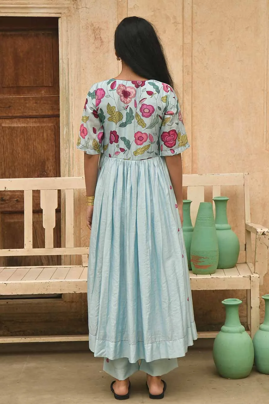 Blue Daisy Floral Print Chanderi Kurta Set