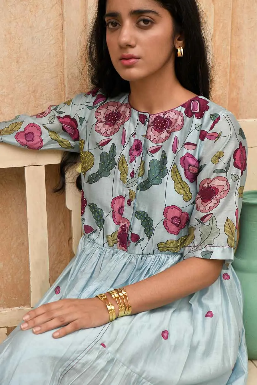 Blue Daisy Floral Print Chanderi Kurta Set