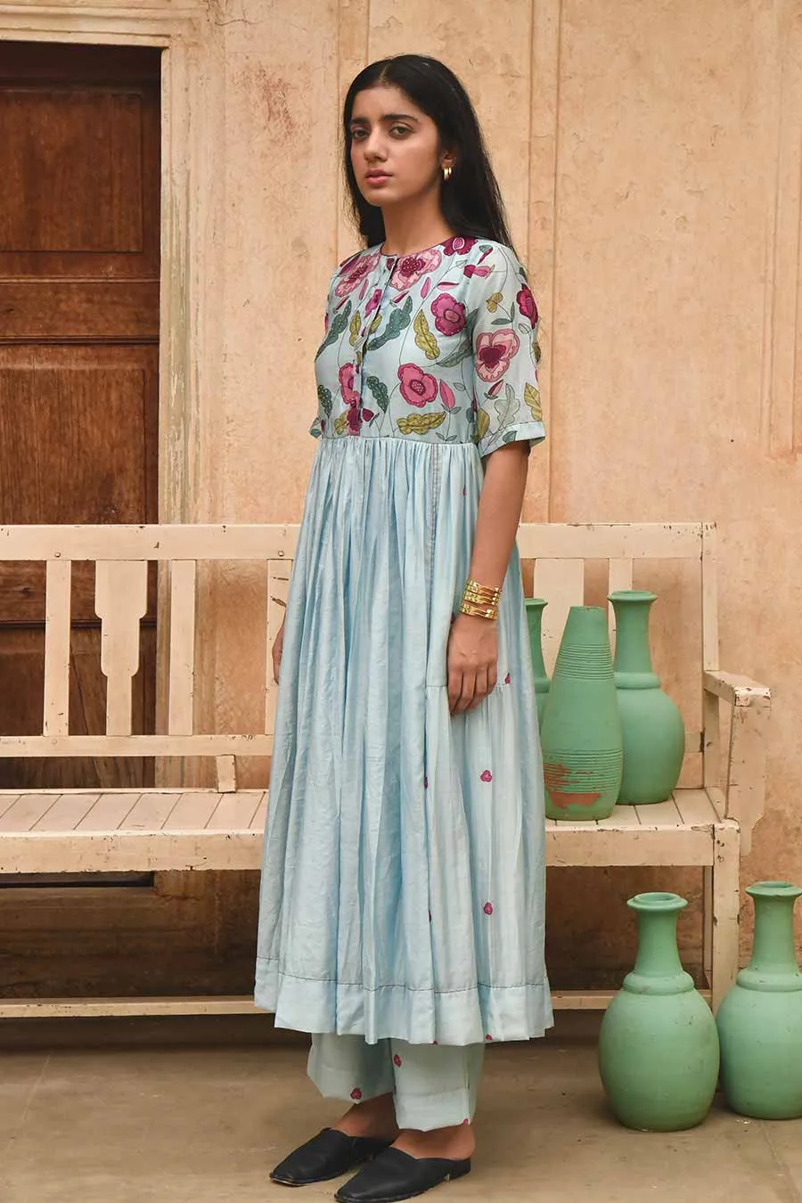 Blue Daisy Floral Print Chanderi Kurta Set