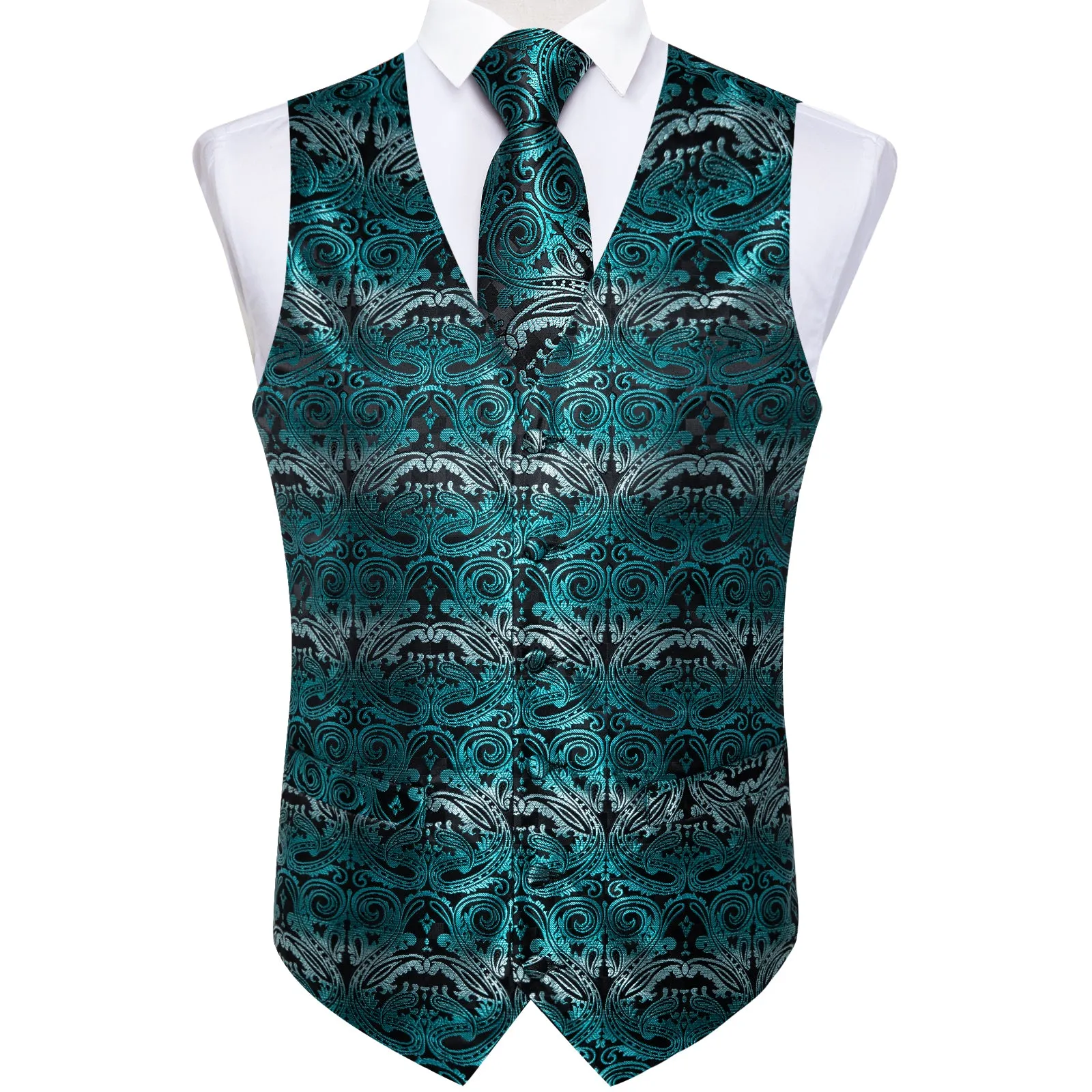 Blue Grey Paisley Silk Men's Vest Hanky Cufflinks Tie Set